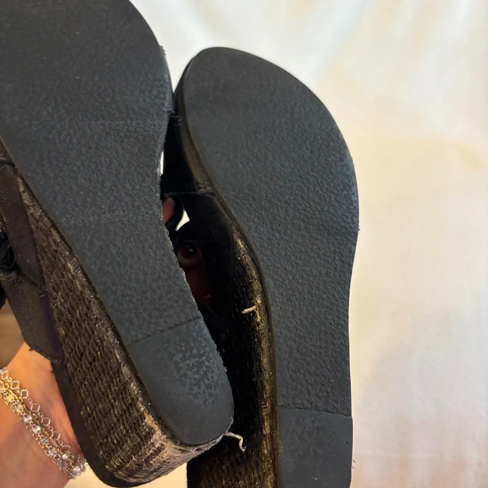 Harley-Davidson Womens Black Leather Wedge Sandals Buckle Logo Platform Slides